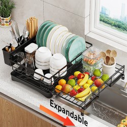 Expandable Dish Bowl Storage Rack Sink Drainer Kitchen Plate Drying Holder Black